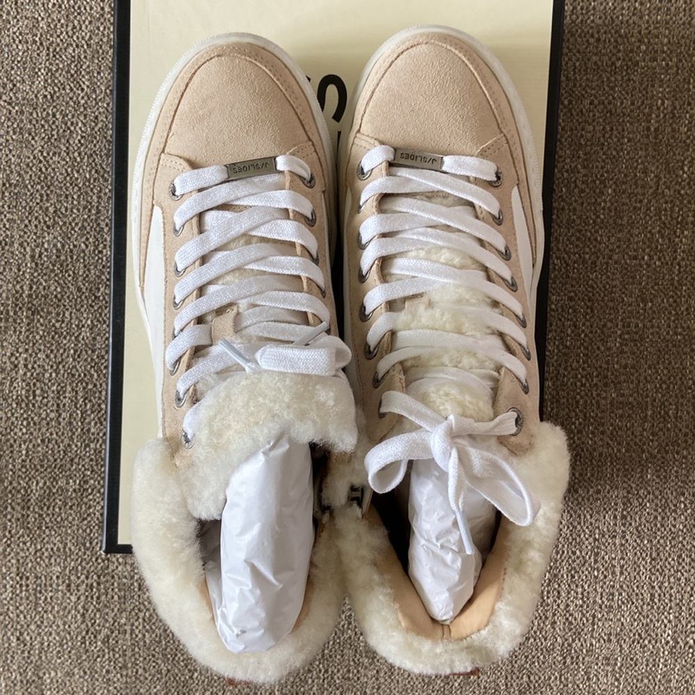 J/SLIDES Shearling-Trim, Suede & Leather High-Top Sneaker Brand New ( Size 7. 5)